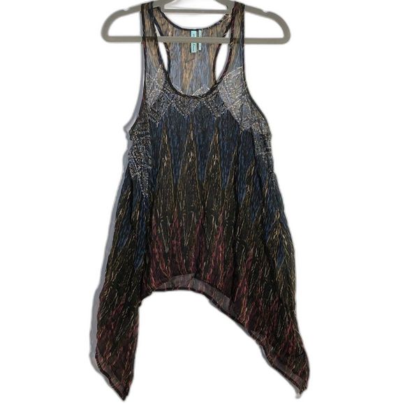Guess By Marciano Sheer Boho Black Asymmetrical Hem Multicolor Tank Top XS - Picture 1 of 7